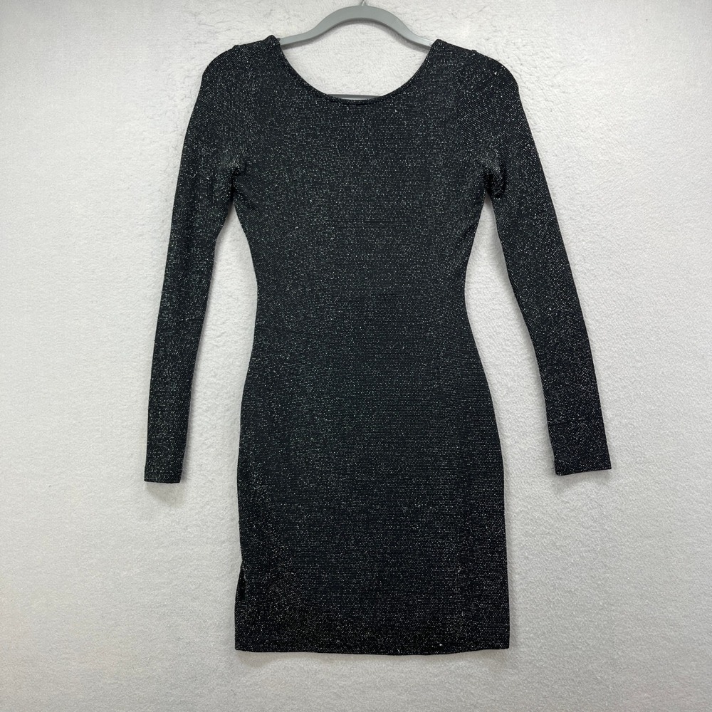 Lulus Dress Women Medium Black Silver Metallic Shimmer Open Back Glam Sexy Party
